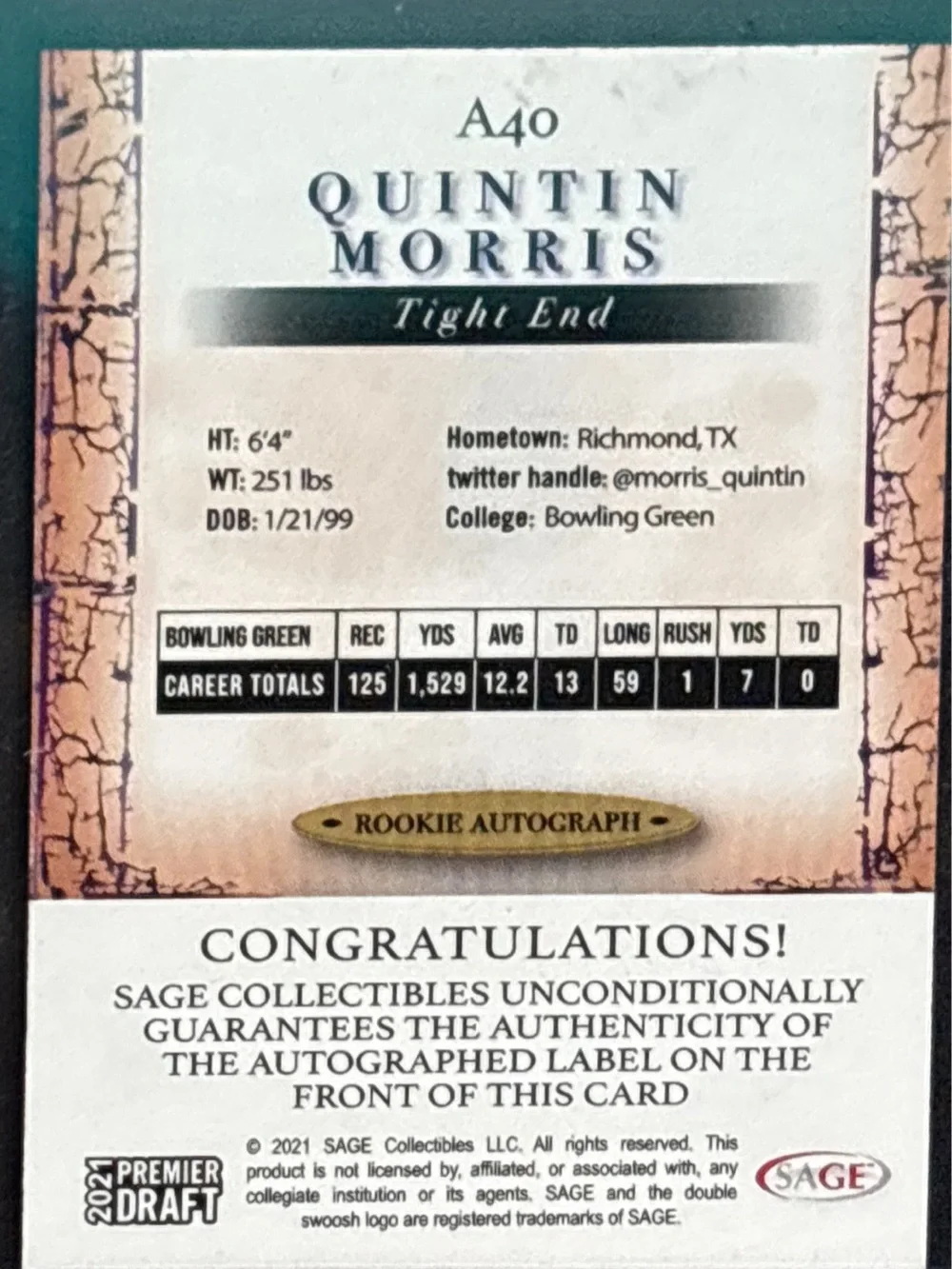 Sage Quintin Morris Rookie Autograph Card